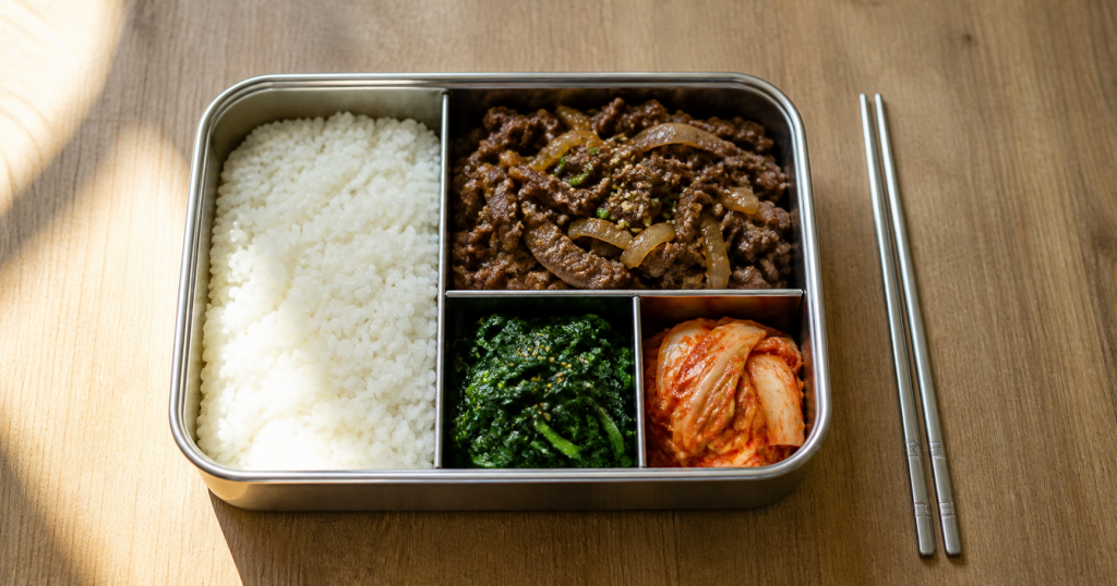 Top-down Korean lunch box with rice, bulgogi, spinach, kimchi, and chopsticks.