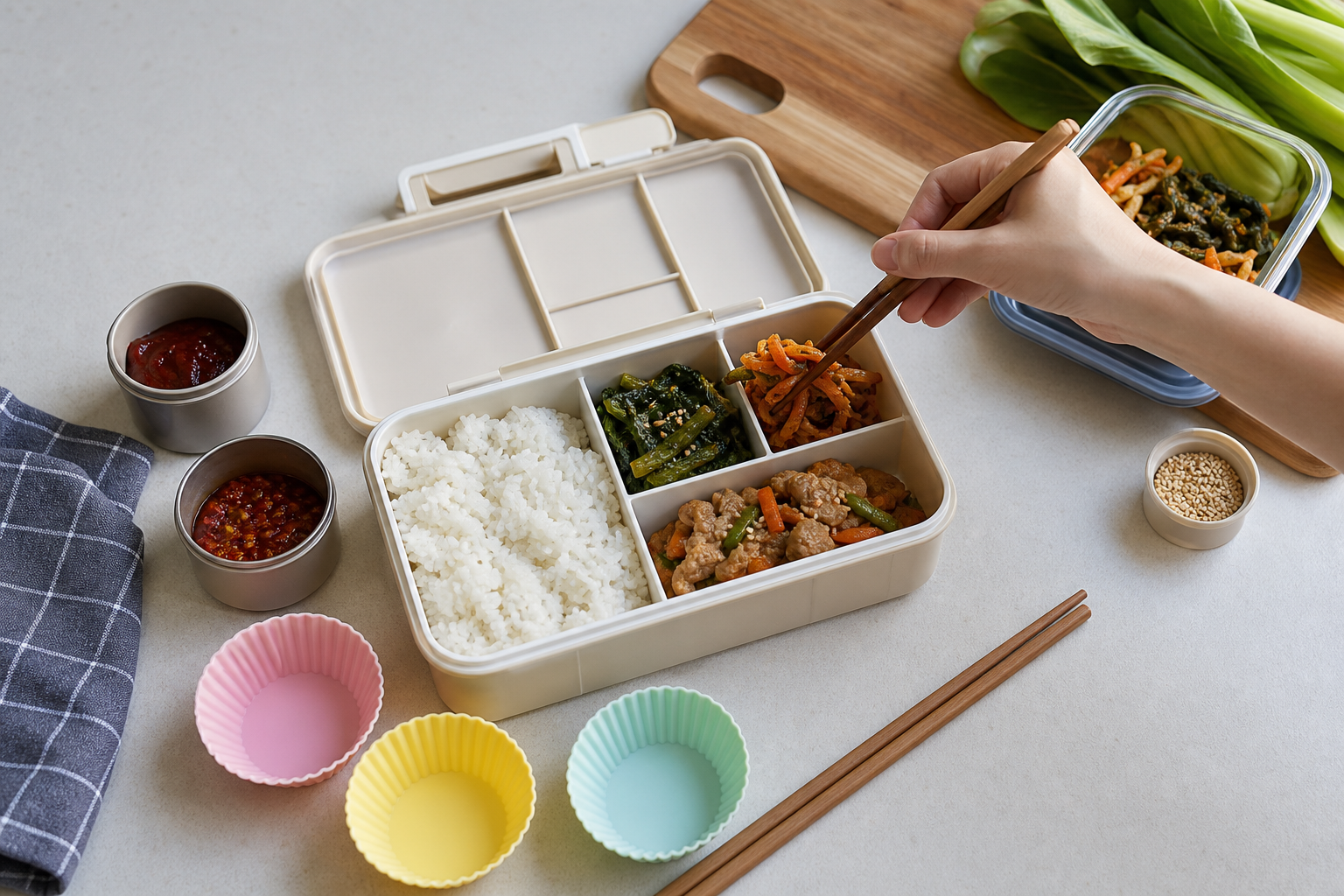 Packing a practical Korean lunch box with rice, vegetables, dividers, and chopsticks