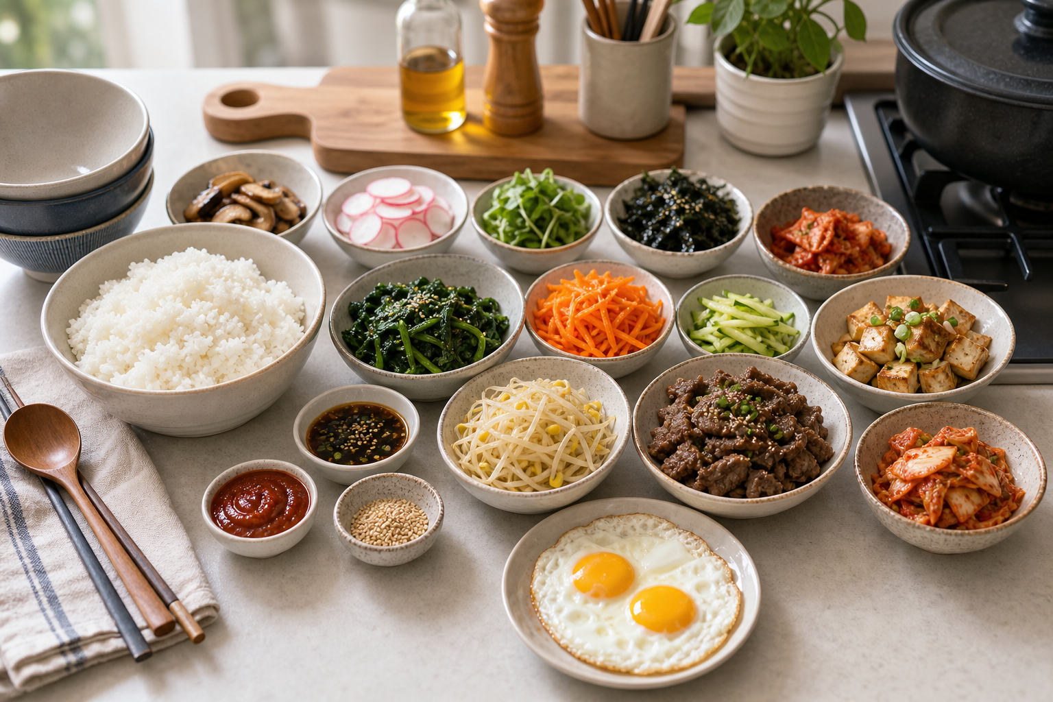 Korean rice bowl ingredients arranged for bibimbap and deopbap combinations