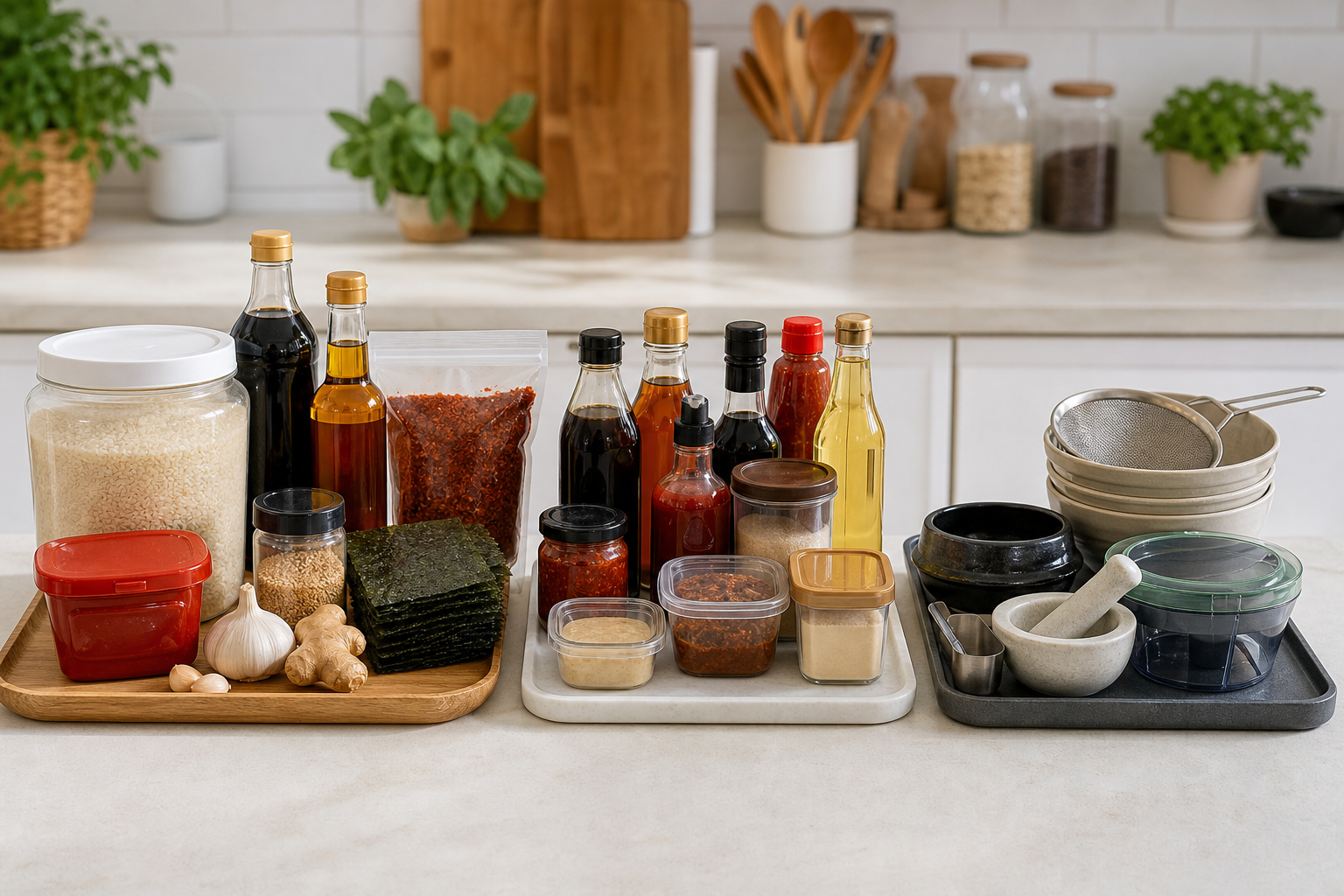 Korean pantry staples arranged as a beginner buy now buy later guide